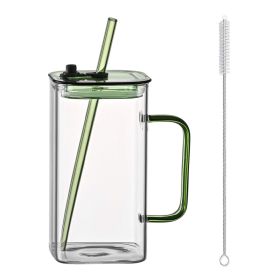 1 Pcs Green Glass Straw Cup, 4 Colors Square Glass Cup With Straw And Lid, High Borosilicate Glass Cup, Milk Cup, Juice Cup, Cold Drink Cup, Coffee Cu
