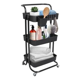 3 Tier Rolling Utility Cart Movable Storage Organizer With Mesh Baskets Lockable Wheels 360 Degree Rotatable Hanging Box Hooks Bedroom Bathroom Kitche (Option: Black)