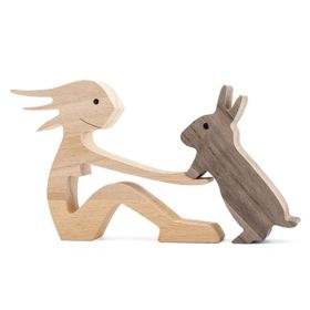 DIY Figurine Wood Dog Ornament Sculpture Home Decoration A Man A Dog Wood Sculpture Christmas Gifts Model Decor (Option: L)
